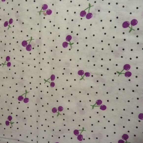 Fabric with purple cherry pattern green stems black dots white background - Picture 1 of 3